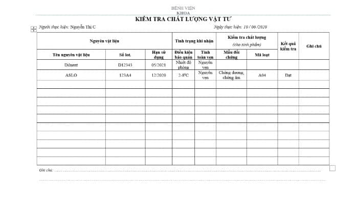 Phiếu kiểm tra chất lượng vật tư