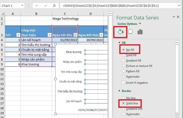 chọn no fill và solid fill
