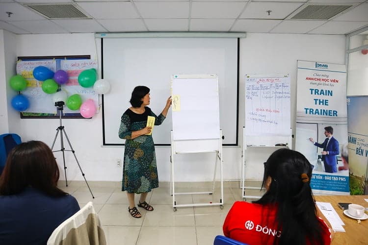 Giảng viên trình bày với học viên dưới lớp