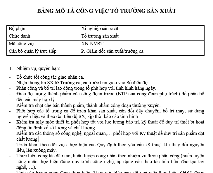mô tả công việc của tổ trưởng sản xuất