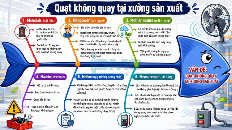 Biểu đồ nhân quả là gì? Tác dụng, phân loại và cách triển khai biểu đồ 17 sơ đồ xương cá 6M quạt không quay