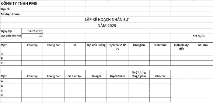 Mẫu lập kế hoạch nhân sự tại PMS