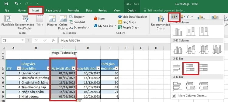 Tải mẫu sơ đồ Gantt Excel miễn phí và hướng dẫn các bước vẽ 23 chọn biểu đồ ngang