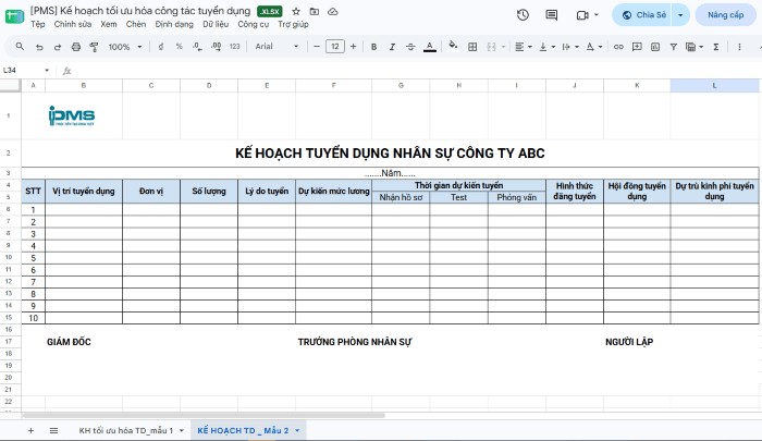Mẫu kế hoạch tối ưu công tác tuyển dụng nhân sự