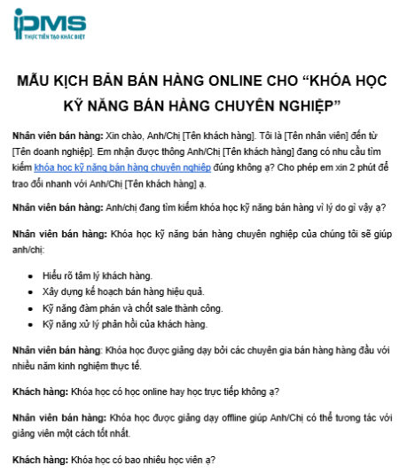 Mẫu kịch bản bán hàng online