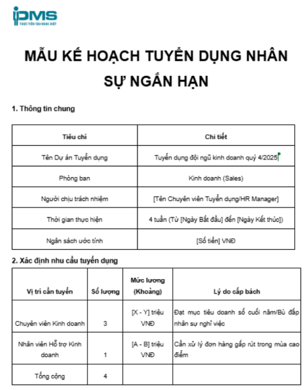 Mẫu kế hoạch tuyển dụng nhân sự ngắn hạn