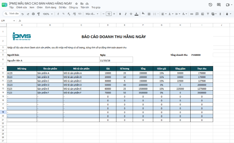 Mẫu báo cáo doanh thu bán hàng theo ngày