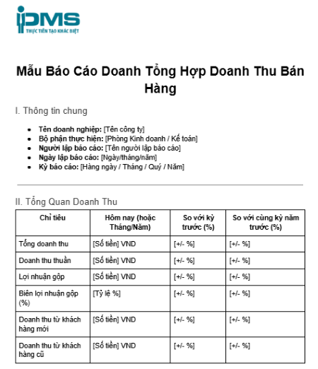 Mẫu báo cáo tổng hợp doanh thu bán hàng