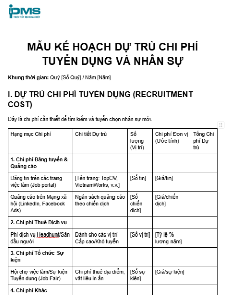 Mẫu kế hoạch dự trù chi phí tuyển dụng nhân sự